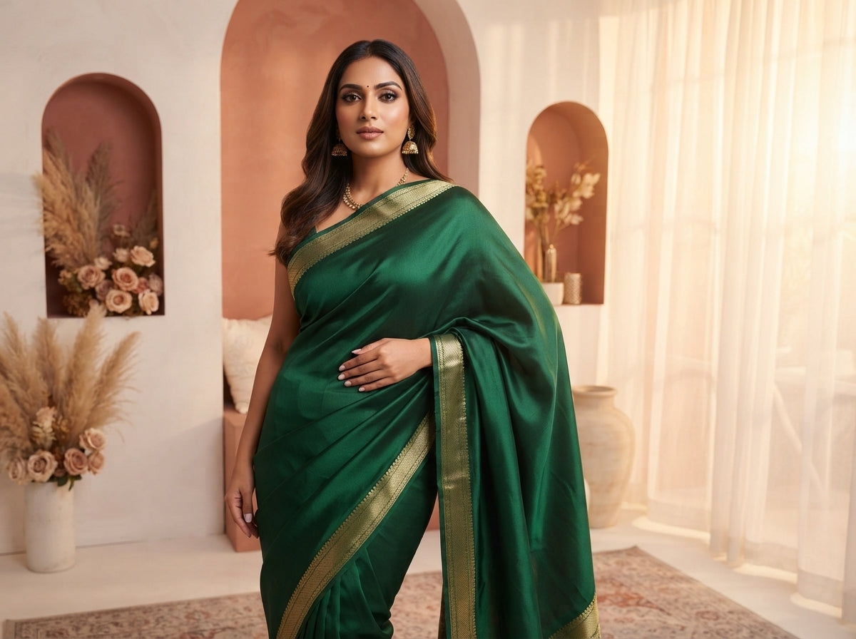 South Asian woman in a silk saree with a smooth silhouette, wearing high-waist tummy control shorts for a seamless drape.